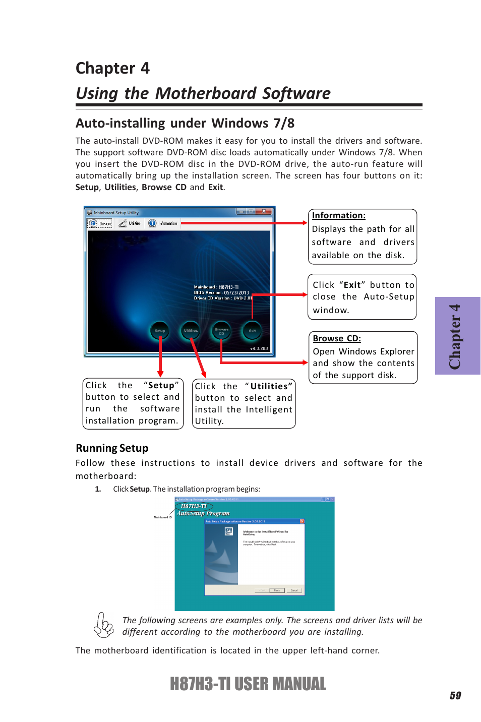 Chapter 4 using the motherboard software, H87h3-ti user manual, Chapter 4 | Auto-installing under windows 7/8 | Elitegroup H87H3-TI (V1.0) User Manual | Page 63 / 70