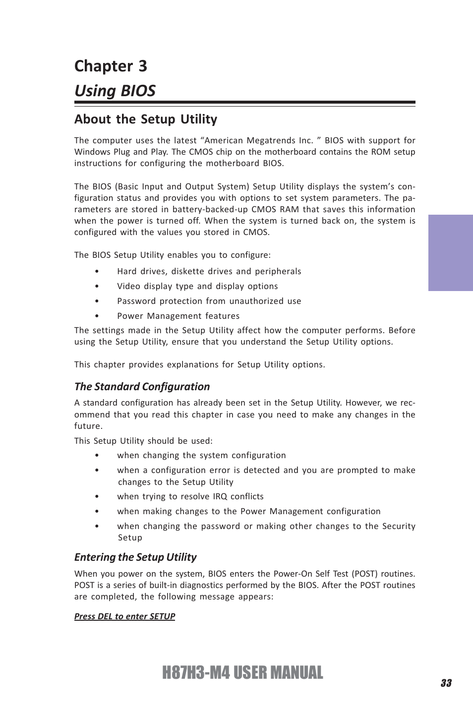 Chapter 3 using bios, H87h3-m4 user manual, Chapter 3 | About the setup utility | Elitegroup H87H3-M4 (V1.0) User Manual | Page 37 / 94