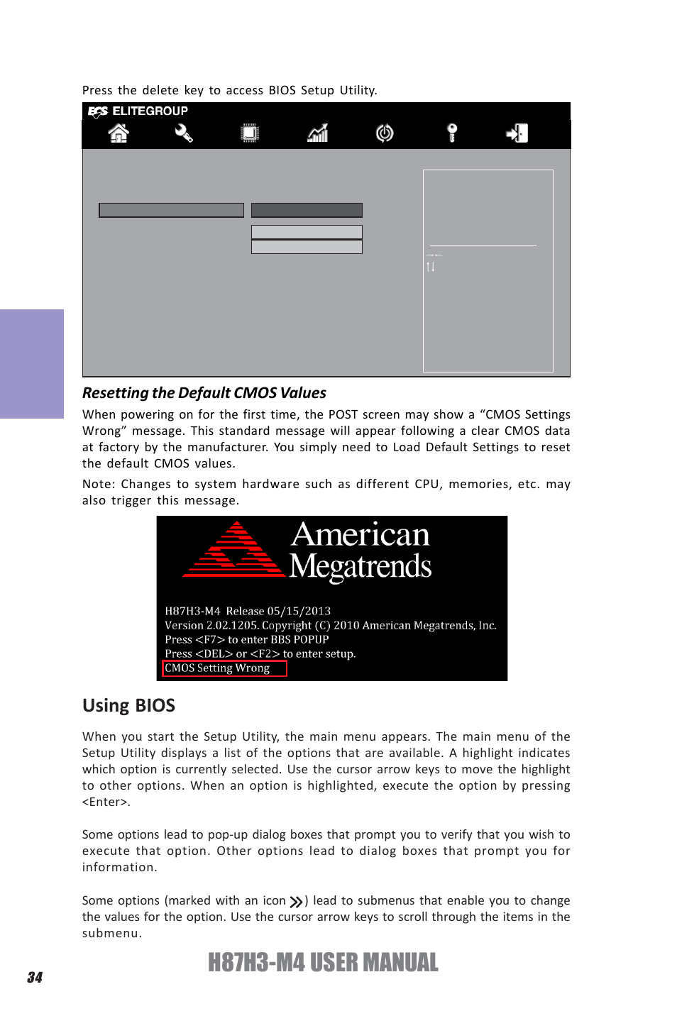 H87h3-m4 user manual, Chapter 3, Using bios | Resetting the default cmos values | Elitegroup H87H3-M4 (V1.0) User Manual | Page 38 / 94