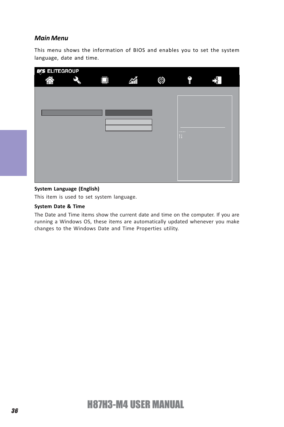 H87h3-m4 user manual, Chapter 3, Main menu | Elitegroup H87H3-M4 (V1.0) User Manual | Page 40 / 94