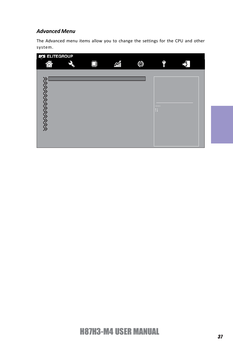 H87h3-m4 user manual, Chapter 3, Advanced menu | Elitegroup H87H3-M4 (V1.0) User Manual | Page 41 / 94