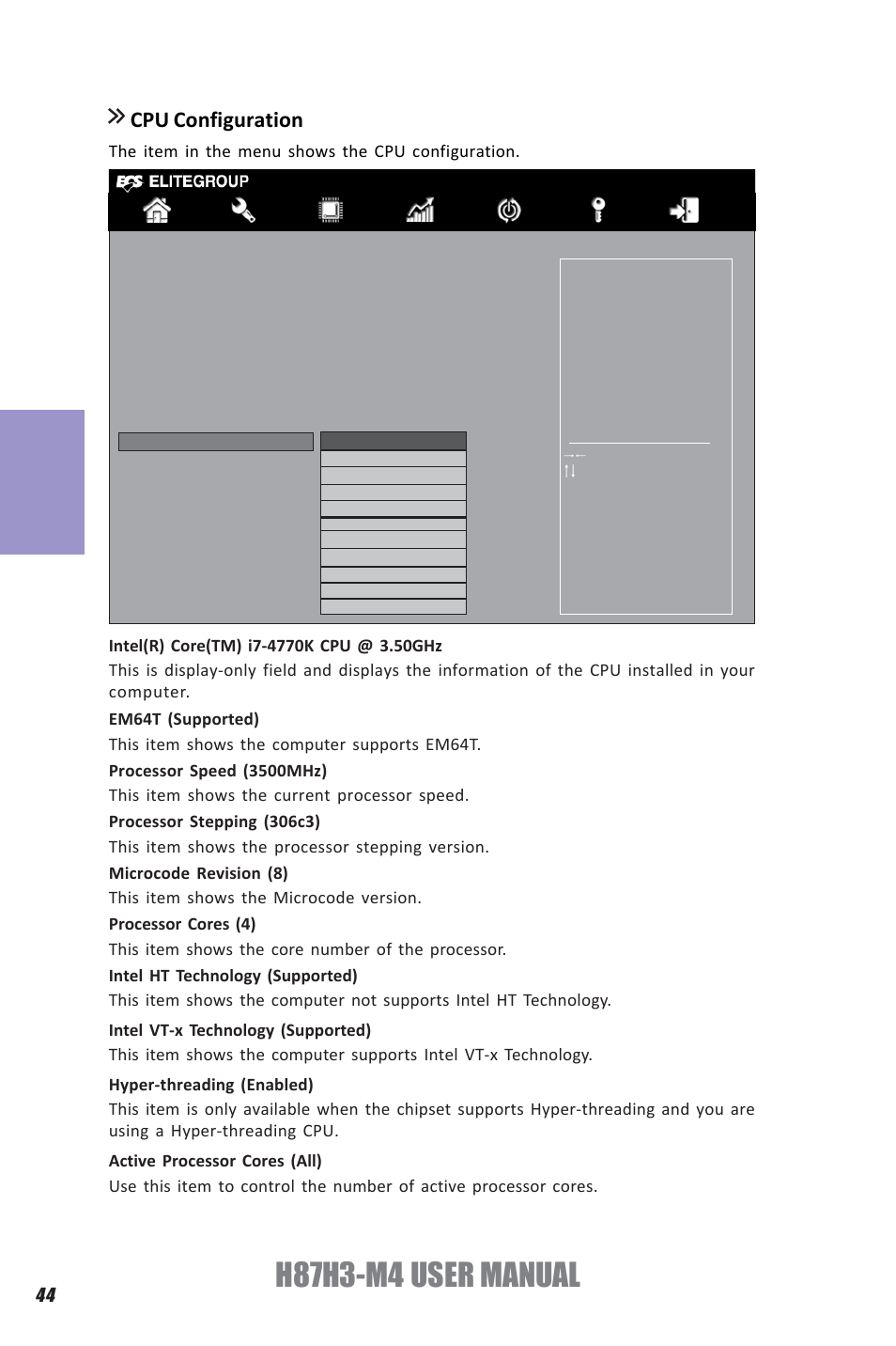 H87h3-m4 user manual, Chapter 3, Cpu configuration | Elitegroup H87H3-M4 (V1.0) User Manual | Page 48 / 94