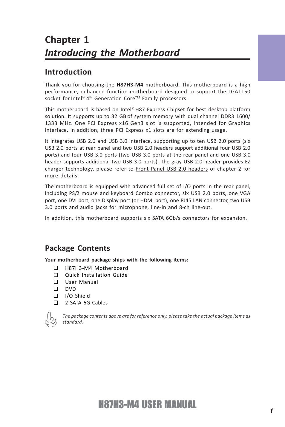 Chapter 1 introducing the motherboard, H87h3-m4, User manual | Chapter 1, Introduction, Package contents | Elitegroup H87H3-M4 (V1.0) User Manual | Page 5 / 94