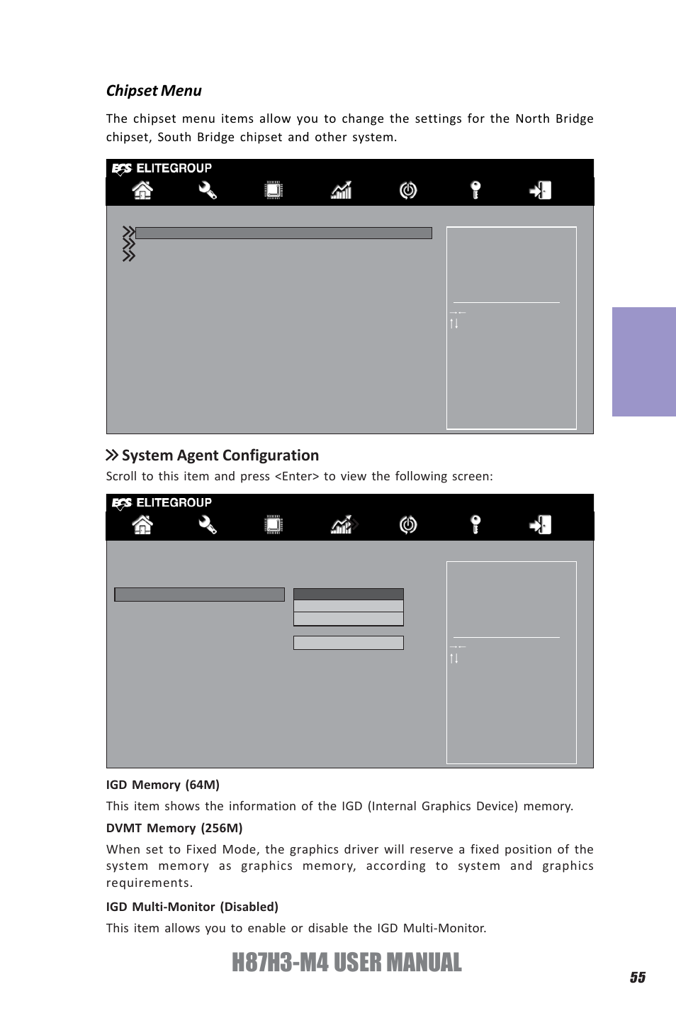 H87h3-m4 user manual, Chapter 3, Chipset menu | System agent configuration | Elitegroup H87H3-M4 (V1.0) User Manual | Page 59 / 94