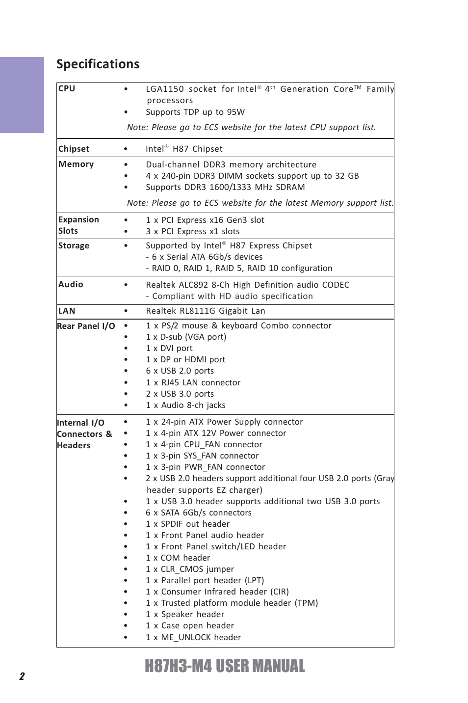 H87h3-m4 user manual, Chapter 1, Specifications | Elitegroup H87H3-M4 (V1.0) User Manual | Page 6 / 94