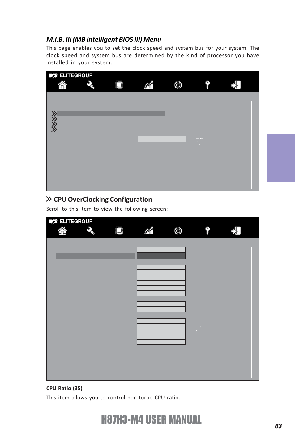 H87h3-m4 user manual, Chapter 3, M.i.b. iii (mb intelligent bios iii) menu | Cpu overclocking configuration, Scroll to this item to view the following screen | Elitegroup H87H3-M4 (V1.0) User Manual | Page 67 / 94
