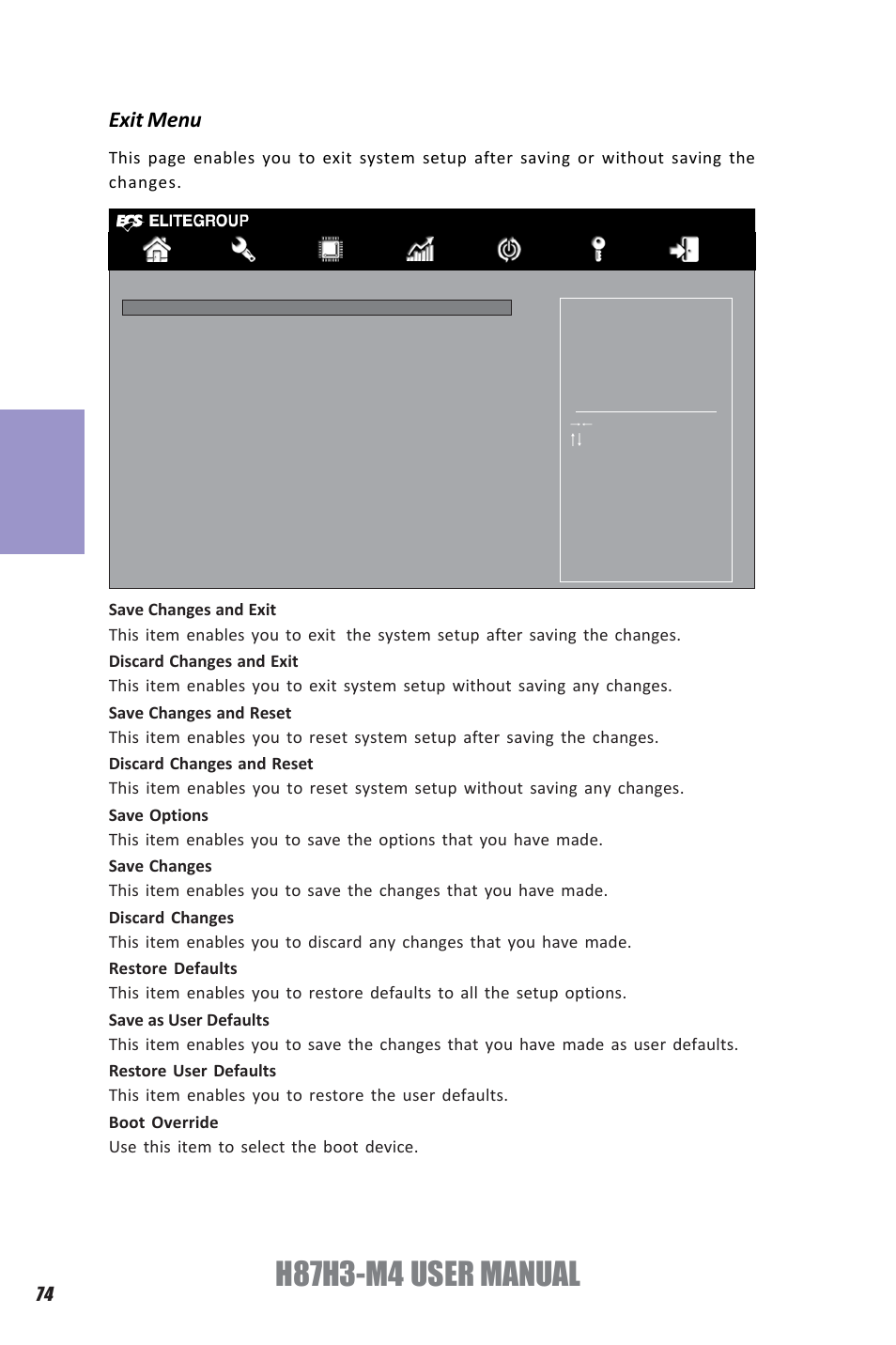 H87h3-m4 user manual, Chapter 3, Exit menu | Elitegroup H87H3-M4 (V1.0) User Manual | Page 78 / 94