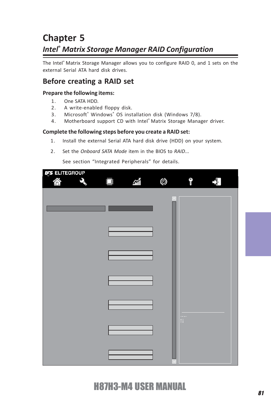 H87h3-m4 user manual, Chapter 5, Intel | Matrix storage manager raid configuration, Before creating a raid set | Elitegroup H87H3-M4 (V1.0) User Manual | Page 85 / 94