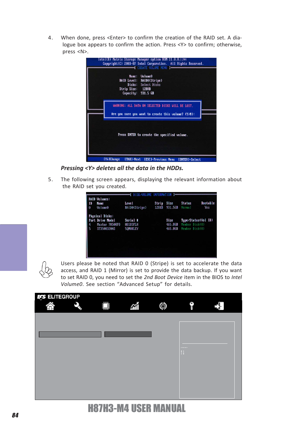 H87h3-m4 user manual, Chapter 5, Pressing <y> deletes all the data in the hdds | Elitegroup H87H3-M4 (V1.0) User Manual | Page 88 / 94