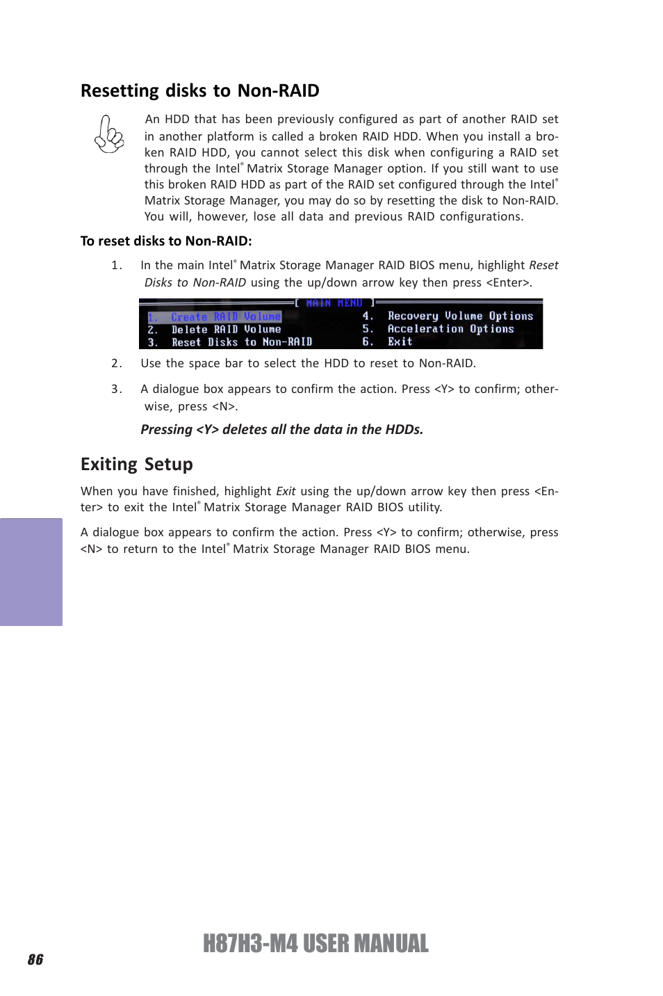 H87h3-m4 user manual, Chapter 5, Resetting disks to non-raid | Exiting setup | Elitegroup H87H3-M4 (V1.0) User Manual | Page 90 / 94