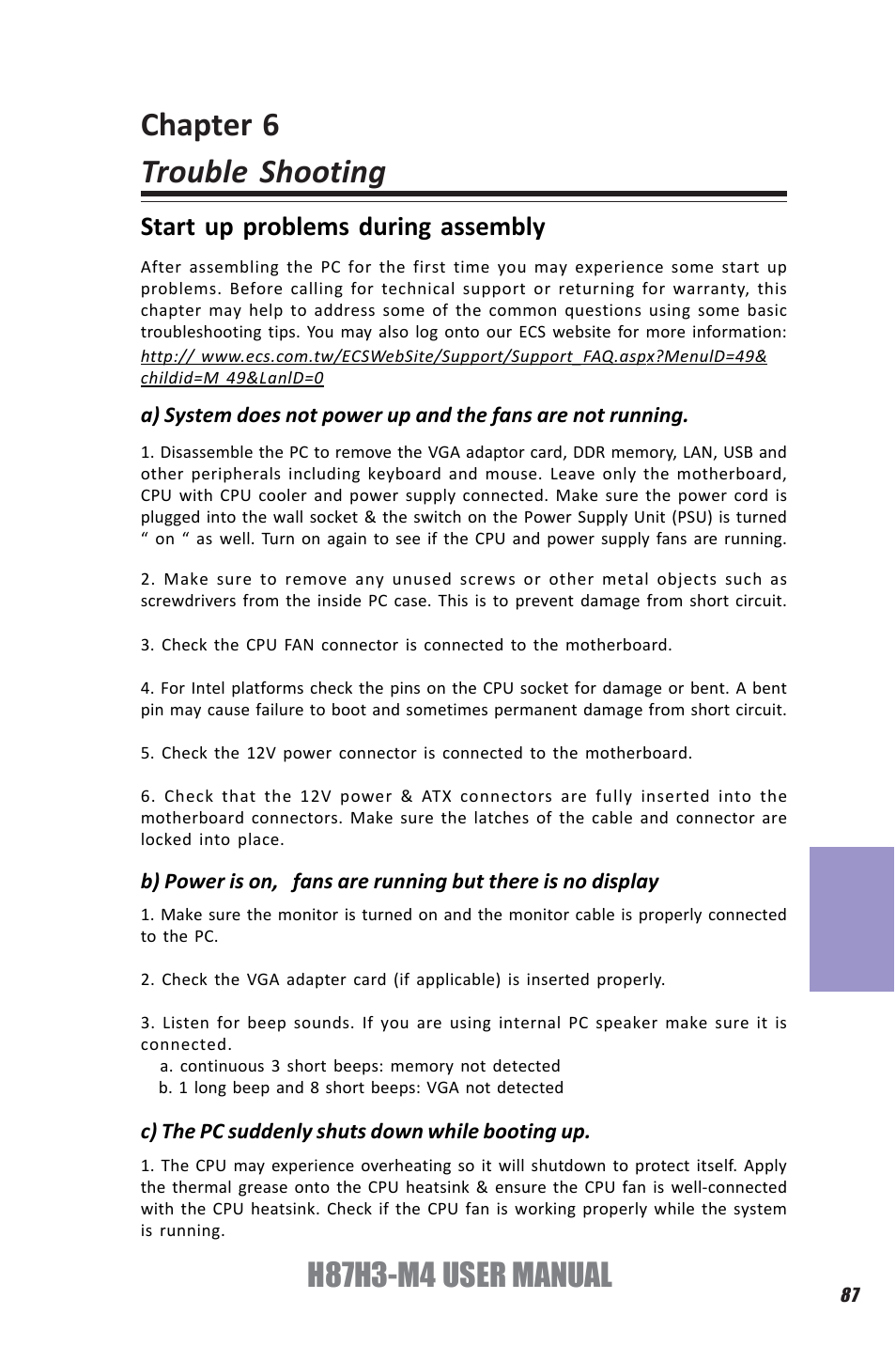 Chapter 6 trouble shooting, H87h3-m4 user manual, Chapter 6 | Start up problems during assembly | Elitegroup H87H3-M4 (V1.0) User Manual | Page 91 / 94