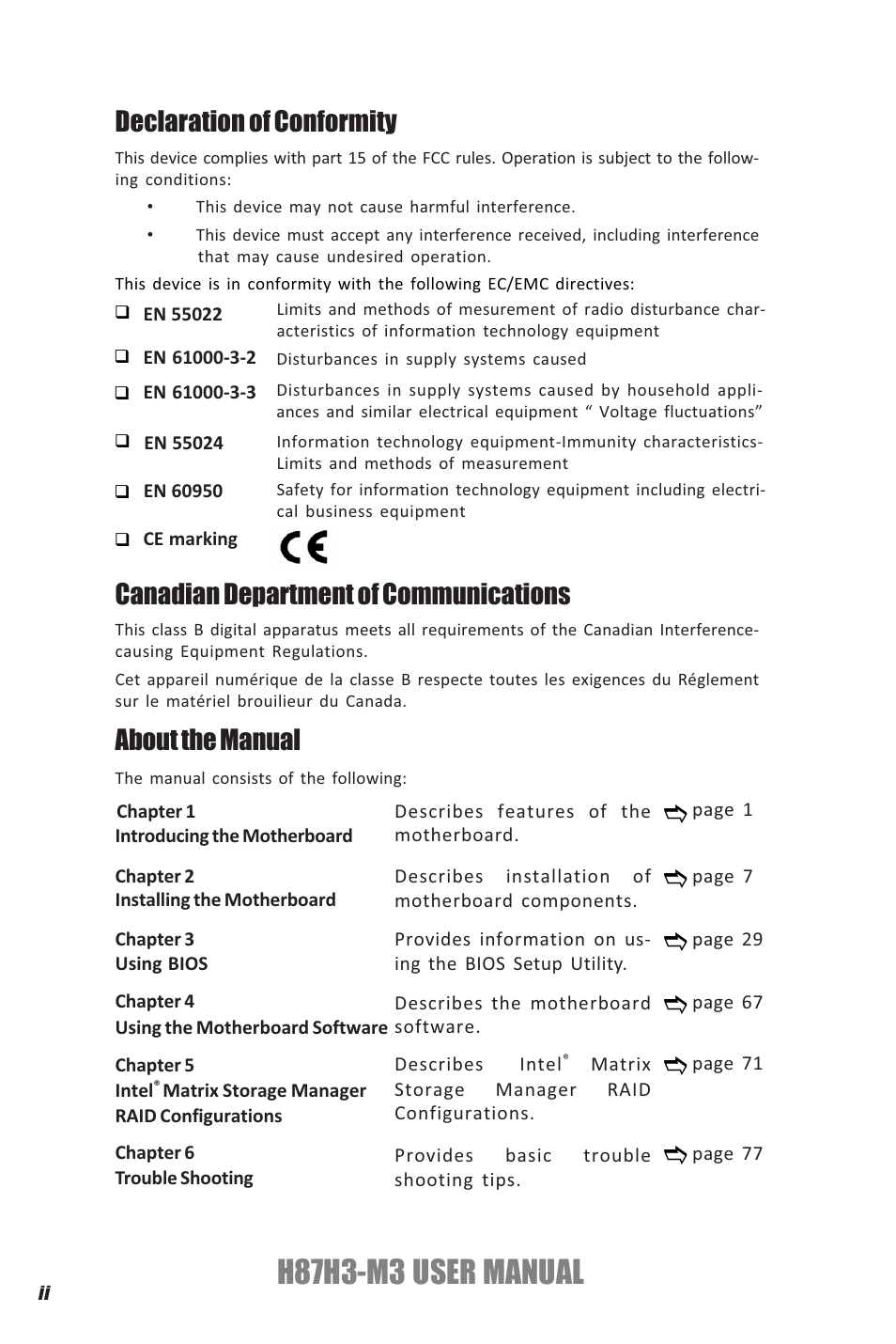 H87h3-m3 user manual, Declaration of conformity, Canadian department of communications | About the manual | Elitegroup H87H3-M3 (V1.0) User Manual | Page 2 / 84