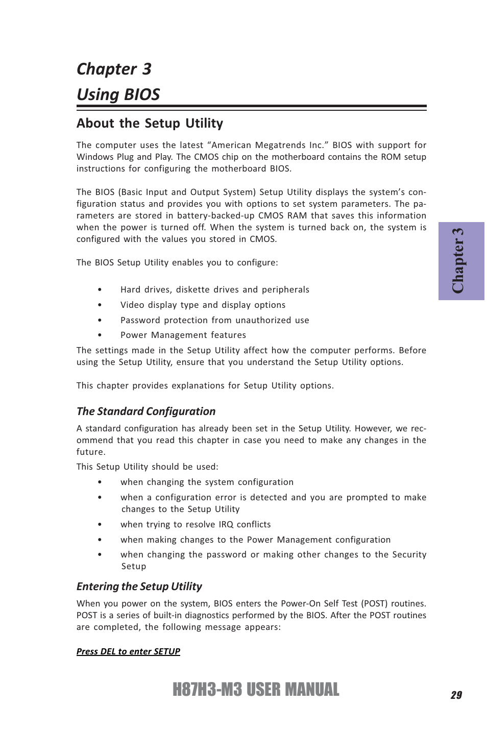 Chapter 3 using bios, H87h3-m3 user manual, Chapter 3 | About the setup utility | Elitegroup H87H3-M3 (V1.0) User Manual | Page 33 / 84