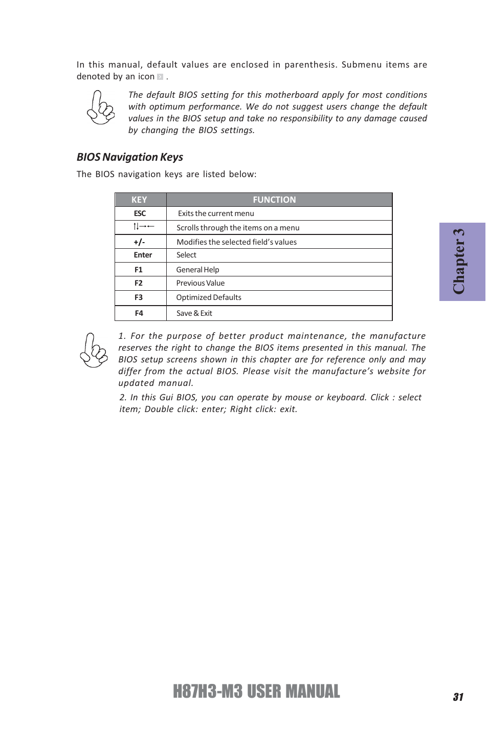 H87h3-m3 user manual, Chapter 3, Bios navigation keys | Elitegroup H87H3-M3 (V1.0) User Manual | Page 35 / 84