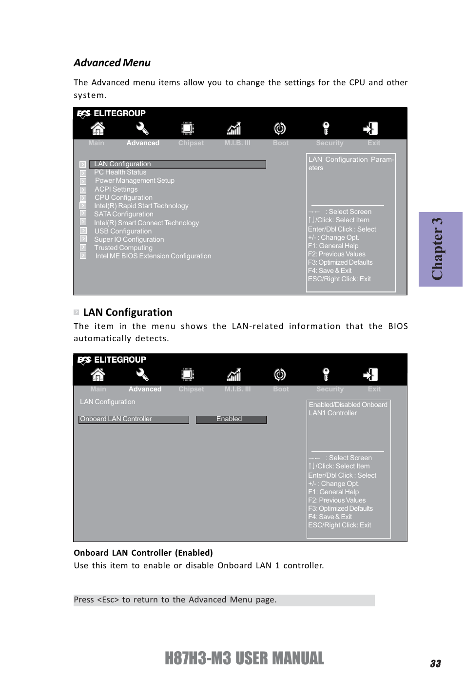 H87h3-m3 user manual, Chapter 3, Advanced menu lan configuration | Elitegroup H87H3-M3 (V1.0) User Manual | Page 37 / 84