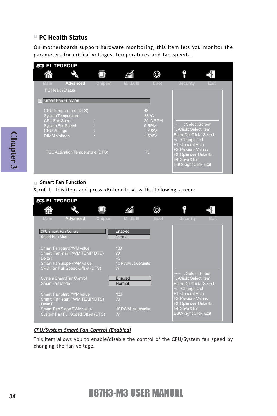 H87h3-m3 user manual, Chapter 3, Pc health status | Elitegroup H87H3-M3 (V1.0) User Manual | Page 38 / 84