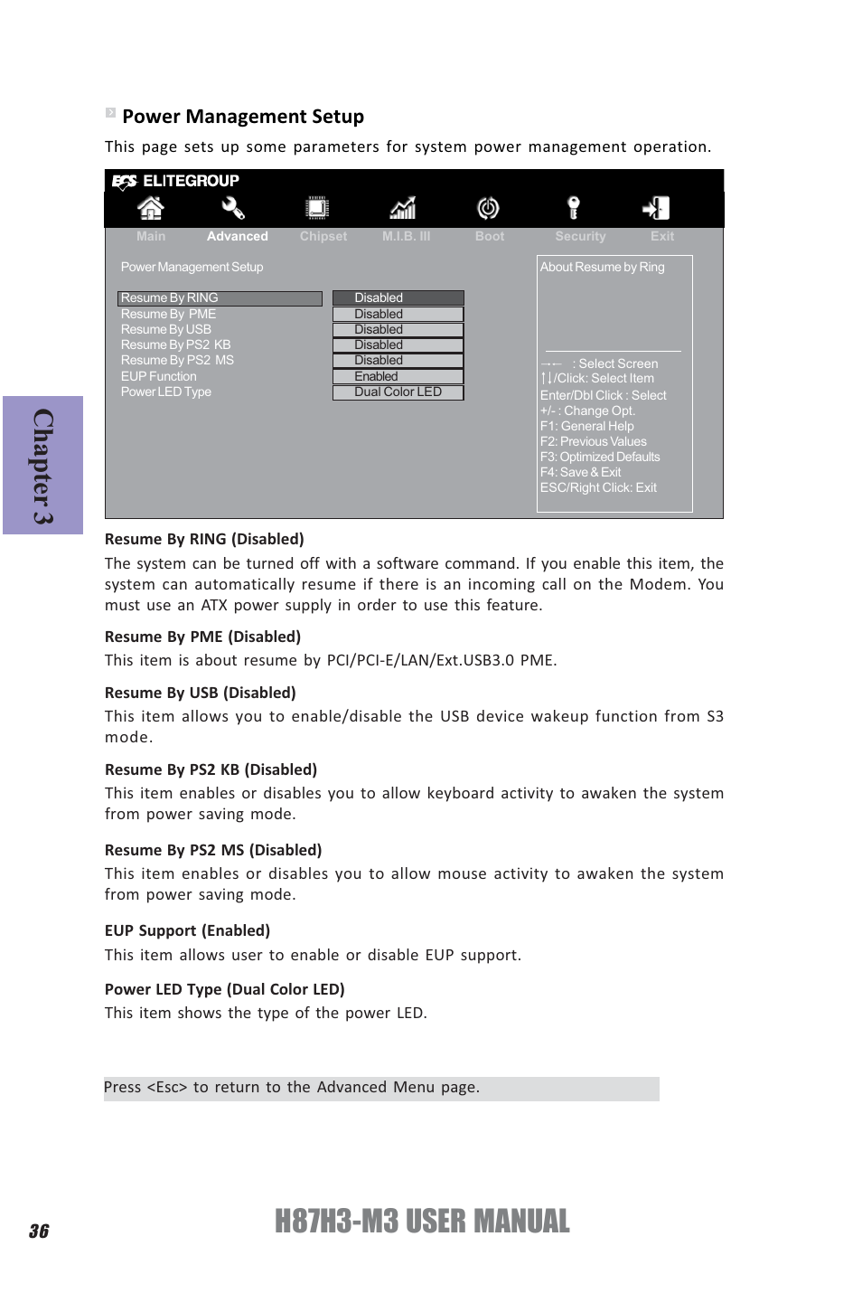 H87h3-m3 user manual, Chapter 3, Power management setup | Elitegroup H87H3-M3 (V1.0) User Manual | Page 40 / 84