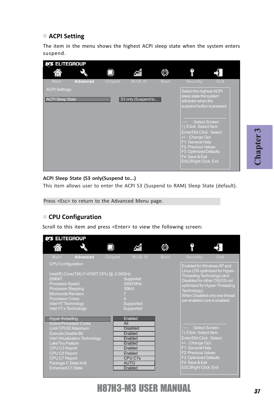 H87h3-m3 user manual, Chapter 3, Acpi setting | Cpu configuration | Elitegroup H87H3-M3 (V1.0) User Manual | Page 41 / 84