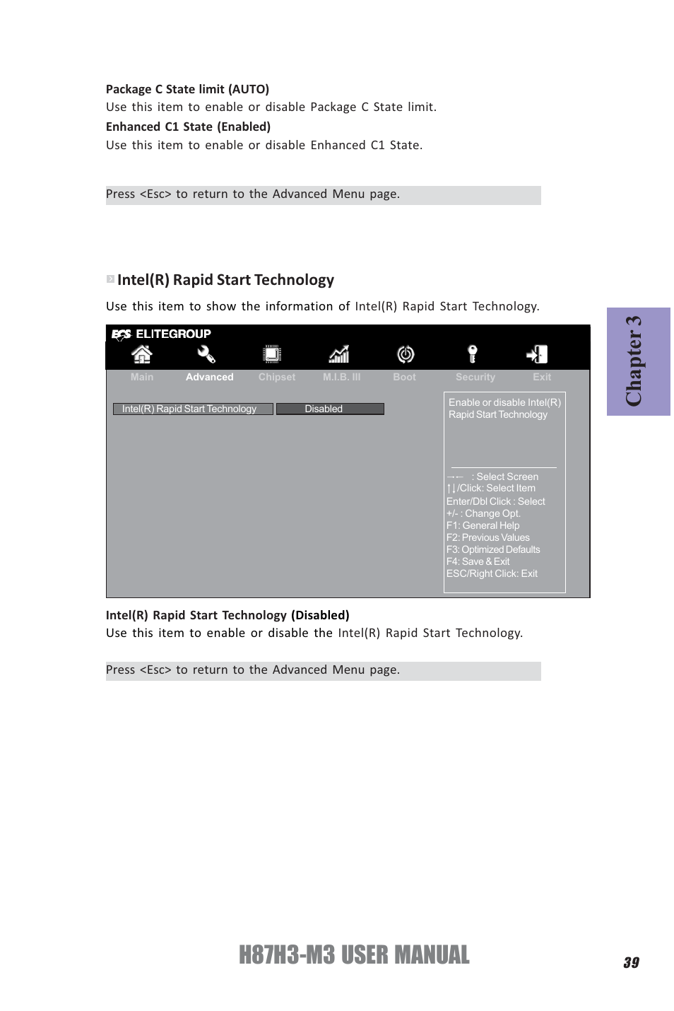 H87h3-m3 user manual, Chapter 3, Intel(r) rapid start technology | Elitegroup H87H3-M3 (V1.0) User Manual | Page 43 / 84