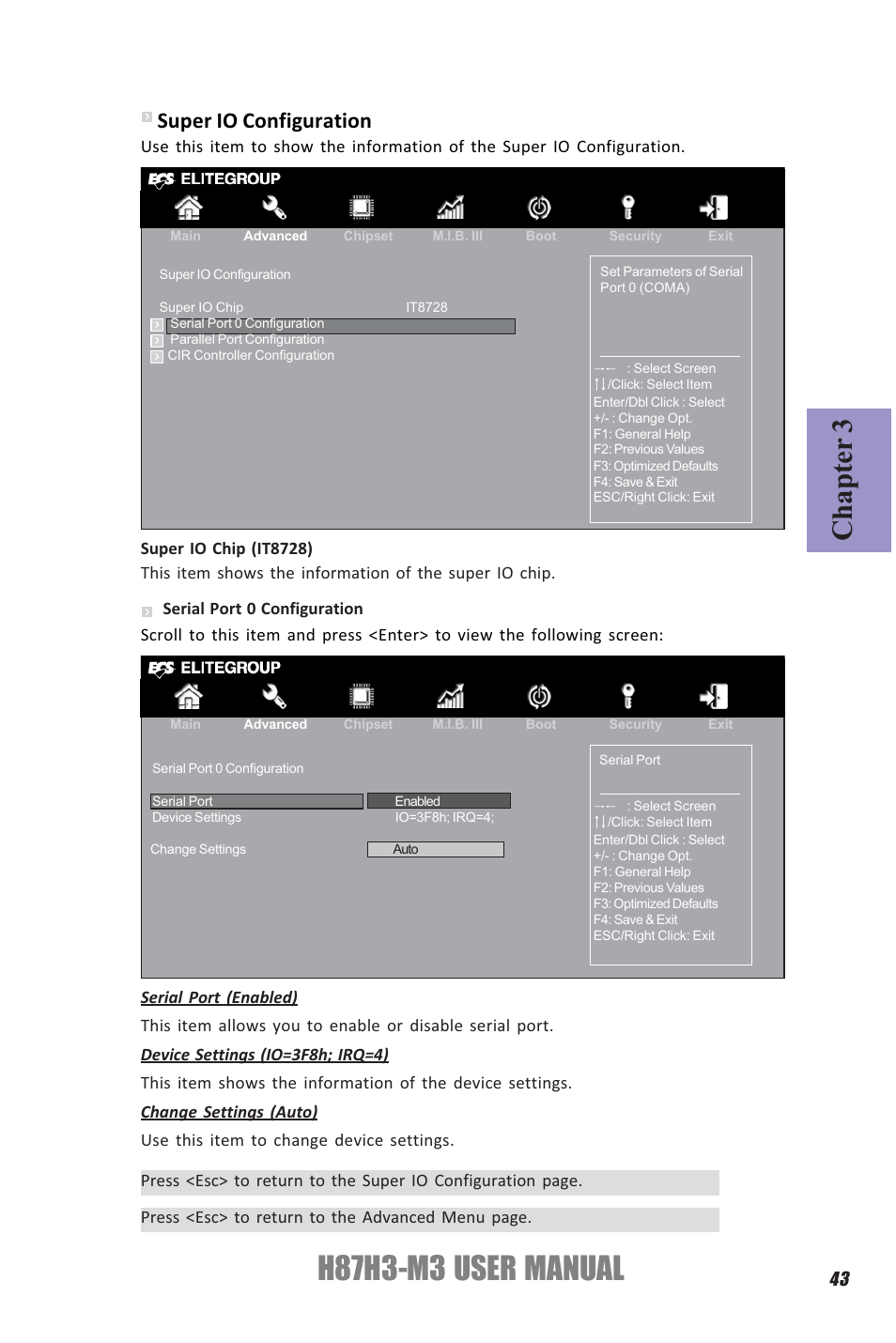 H87h3-m3 user manual, Chapter 3, Super io configuration | Elitegroup H87H3-M3 (V1.0) User Manual | Page 47 / 84