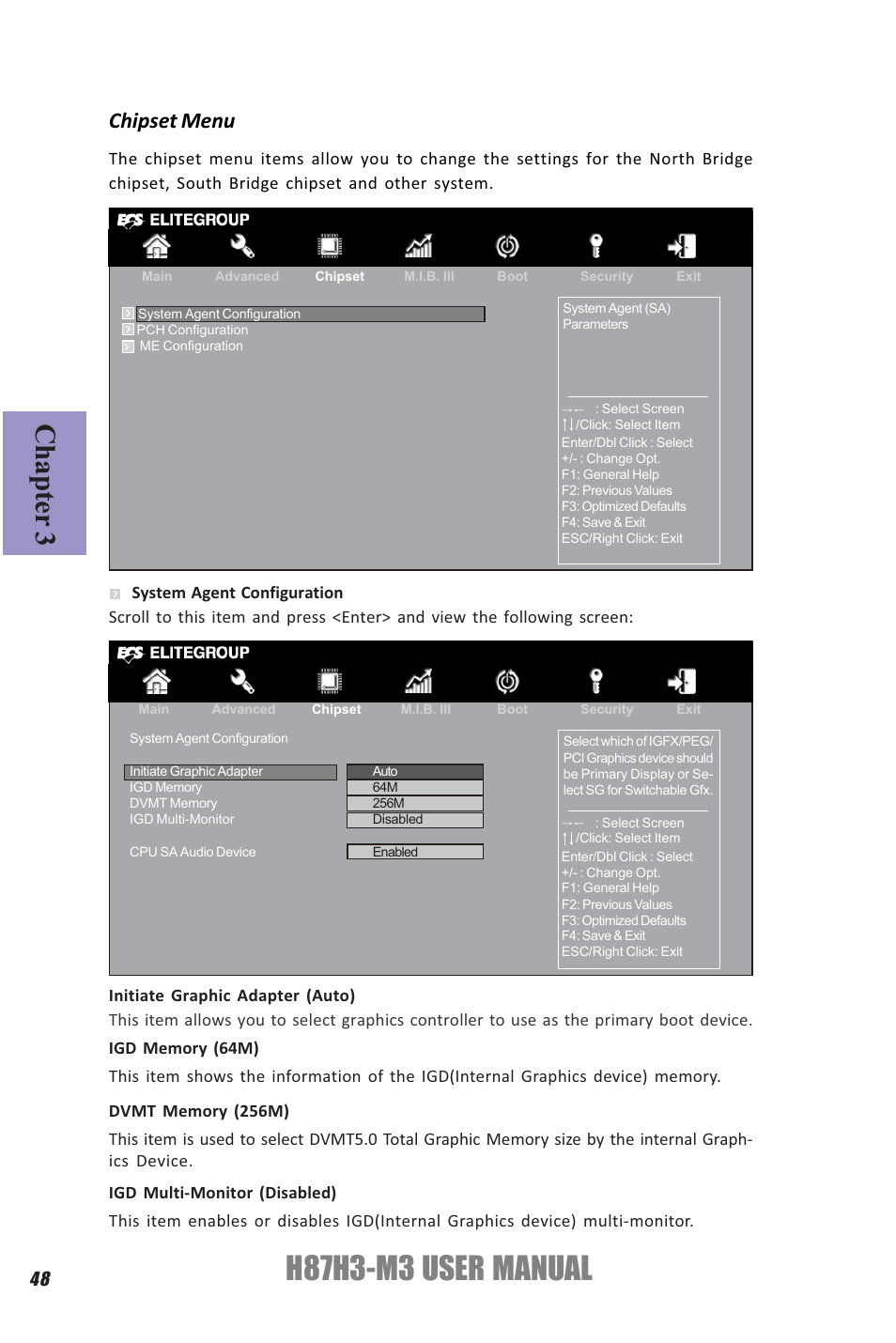 H87h3-m3 user manual, Chapter 3, Chipset menu | Elitegroup H87H3-M3 (V1.0) User Manual | Page 52 / 84