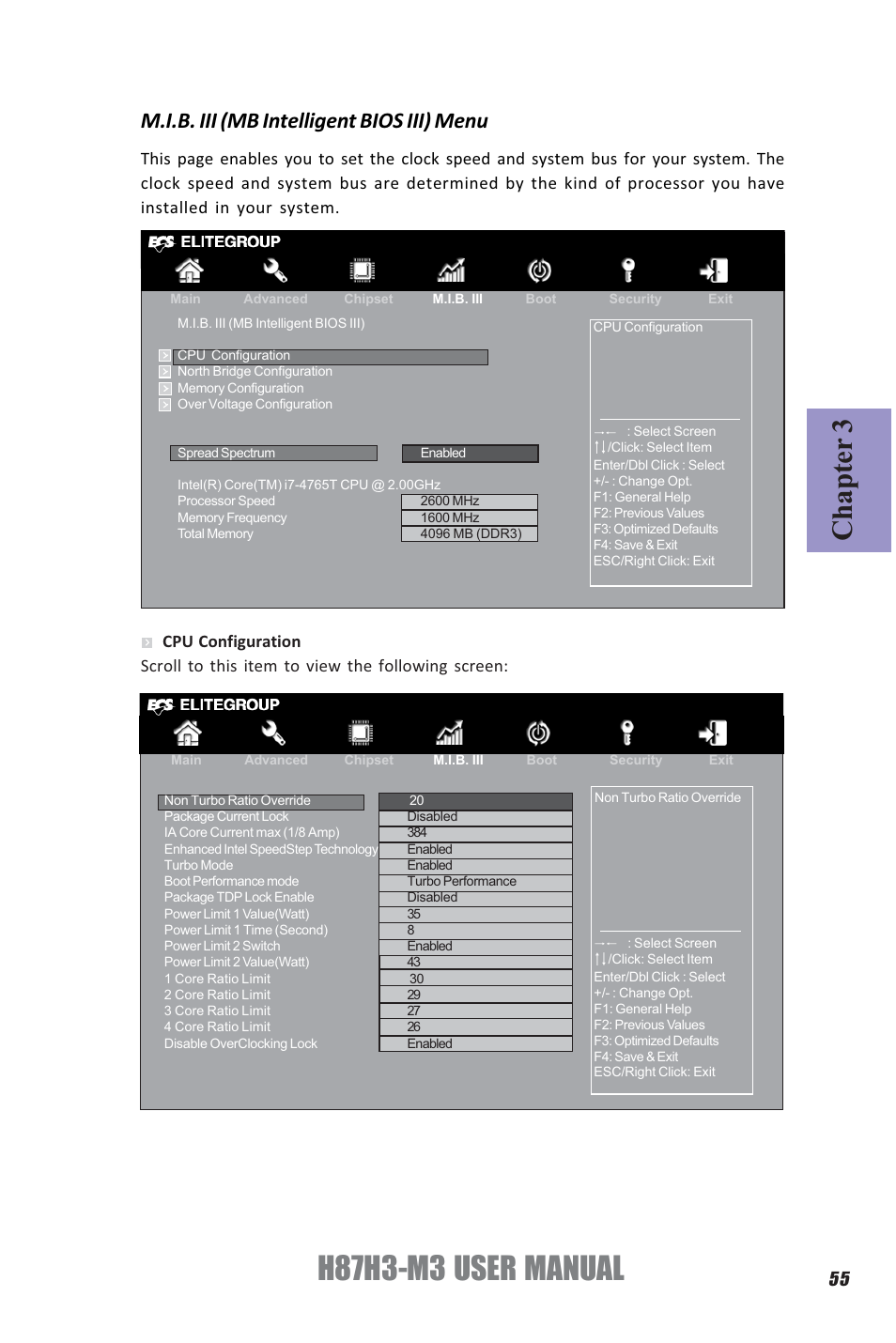 H87h3-m3 user manual, Chapter 3, M.i.b. iii (mb intelligent bios iii) menu | Elitegroup H87H3-M3 (V1.0) User Manual | Page 59 / 84