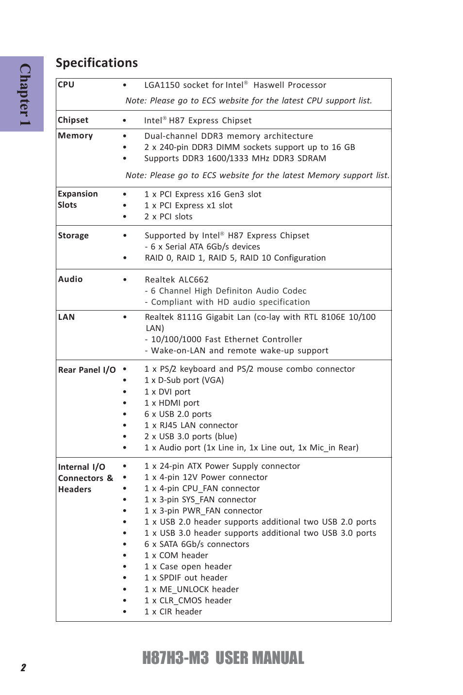 H87h3-m3 user manual, Chapter 1, Specifications | Elitegroup H87H3-M3 (V1.0) User Manual | Page 6 / 84