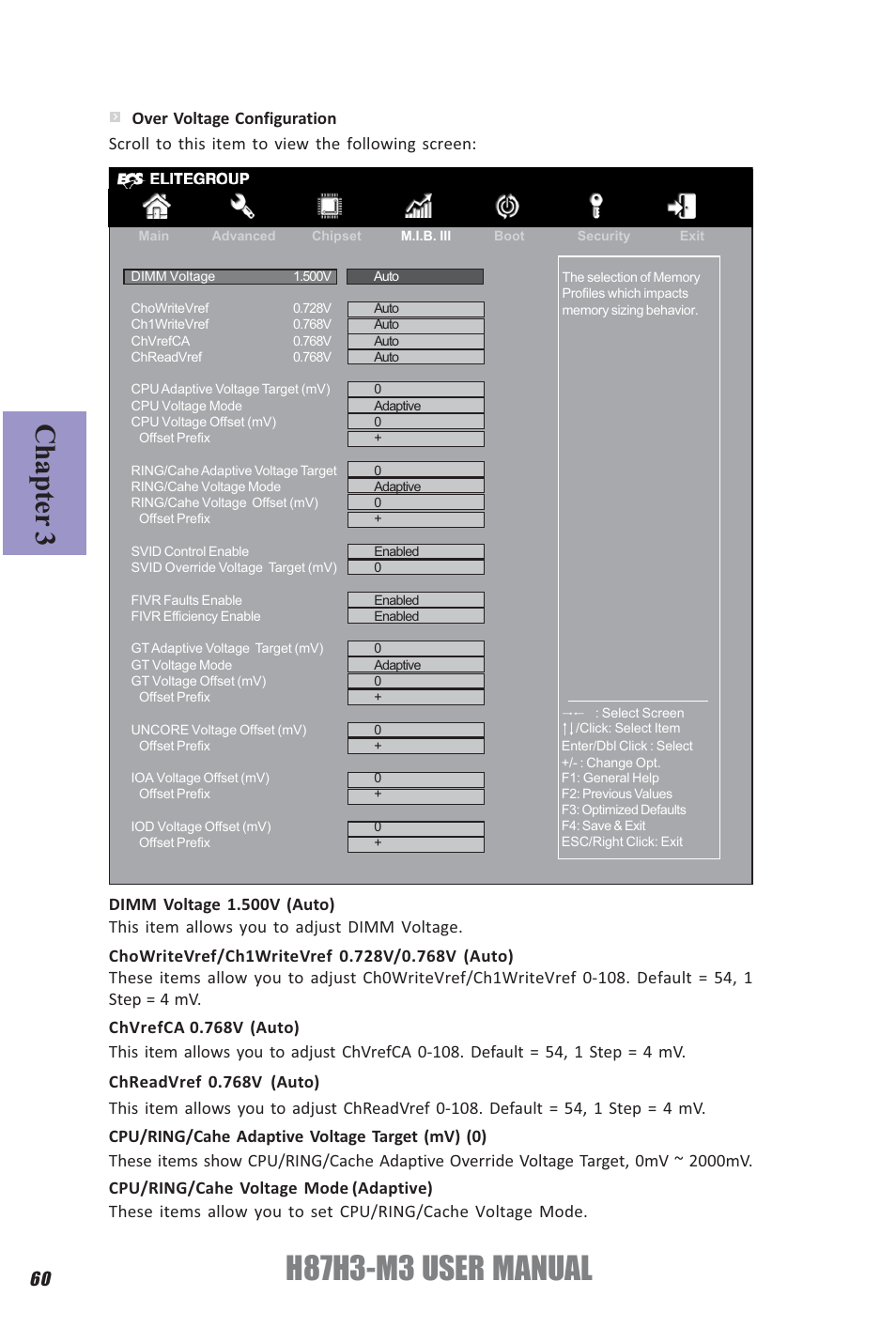 H87h3-m3 user manual, Chapter 3, Dimm voltage 1.500v (auto) | Elitegroup H87H3-M3 (V1.0) User Manual | Page 64 / 84