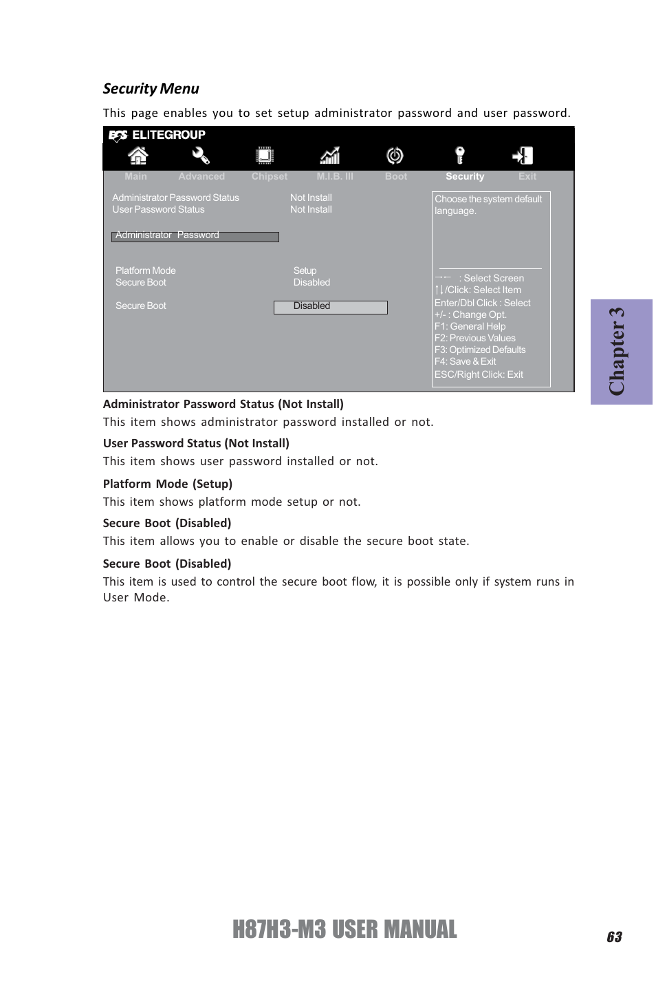 H87h3-m3 user manual, Chapter 3, Security menu | Elitegroup H87H3-M3 (V1.0) User Manual | Page 67 / 84