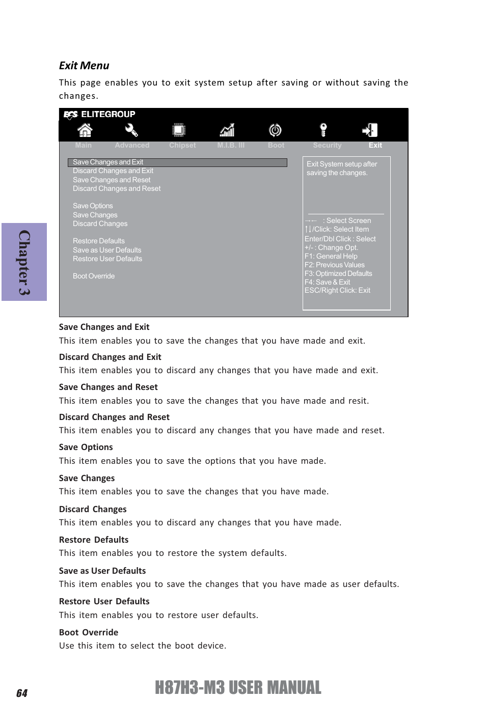 H87h3-m3 user manual, Chapter 3, Exit menu | Elitegroup H87H3-M3 (V1.0) User Manual | Page 68 / 84