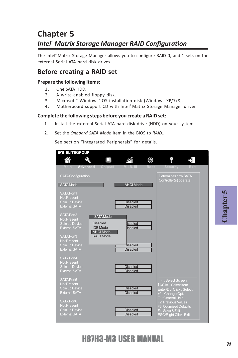 H87h3-m3 user manual, Chapter 5, Intel | Matrix storage manager raid configuration, Before creating a raid set | Elitegroup H87H3-M3 (V1.0) User Manual | Page 75 / 84