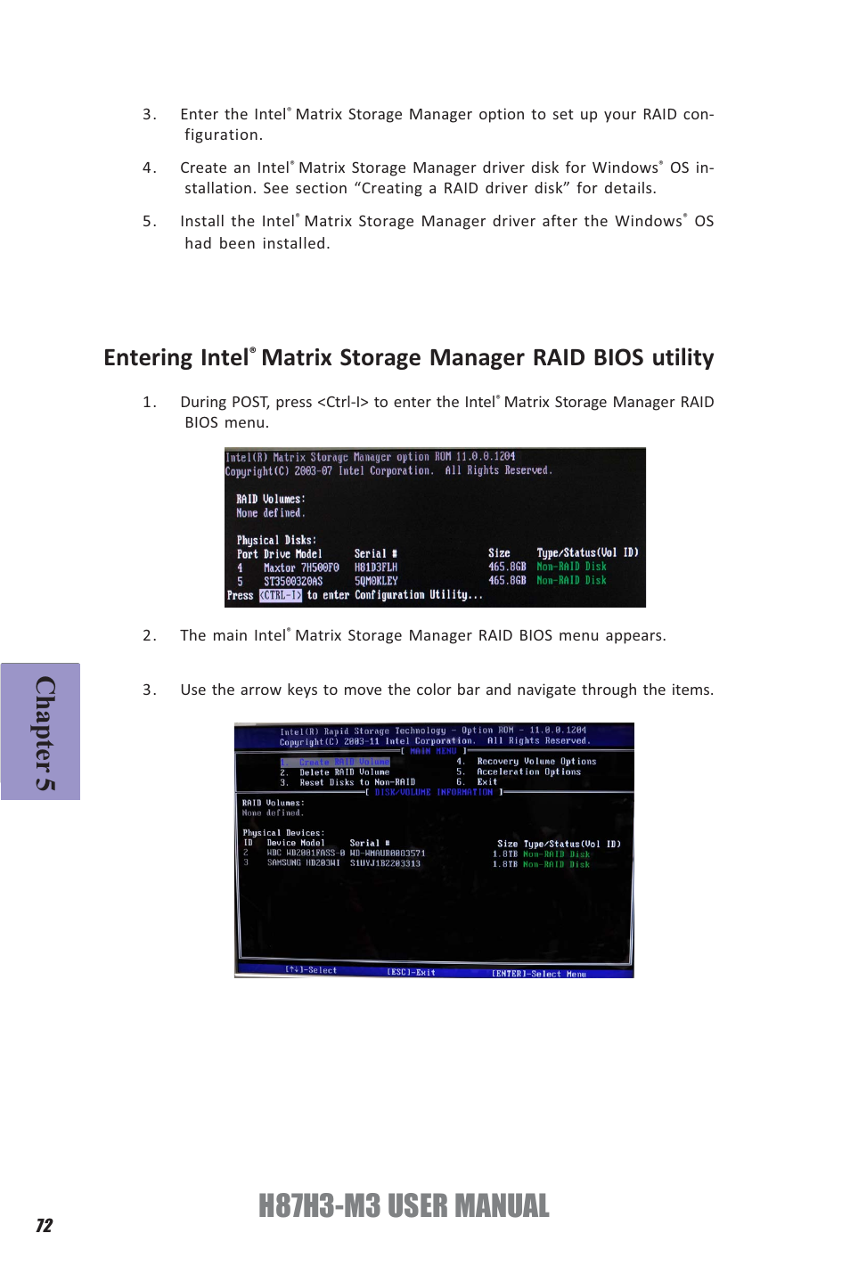 H87h3-m3 user manual, Chapter 5, Entering intel | Matrix storage manager raid bios utility | Elitegroup H87H3-M3 (V1.0) User Manual | Page 76 / 84