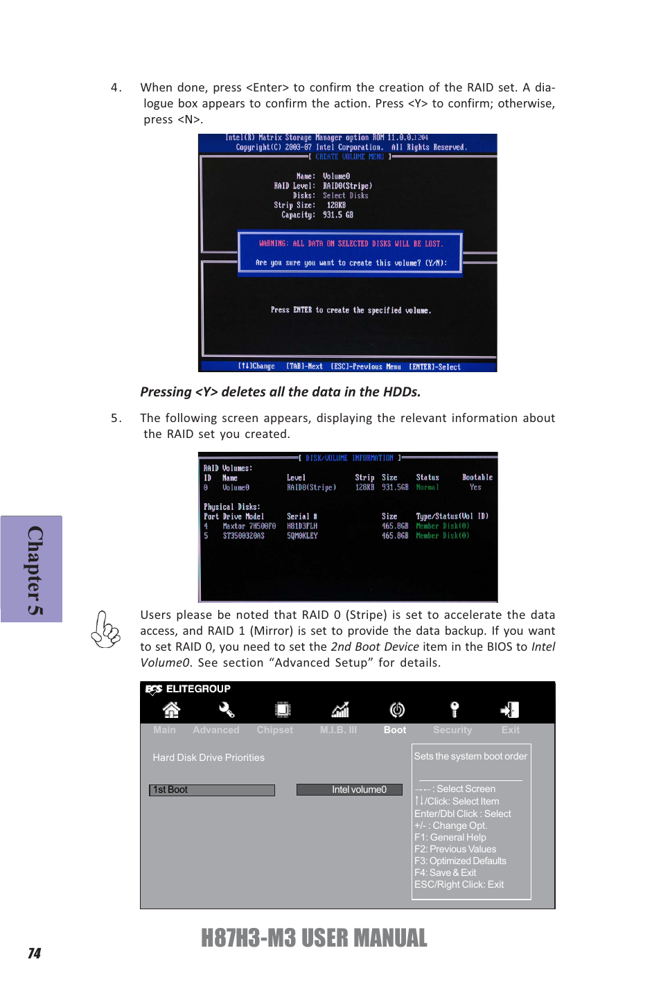 H87h3-m3 user manual, Chapter 5, Pressing <y> deletes all the data in the hdds | Elitegroup H87H3-M3 (V1.0) User Manual | Page 78 / 84