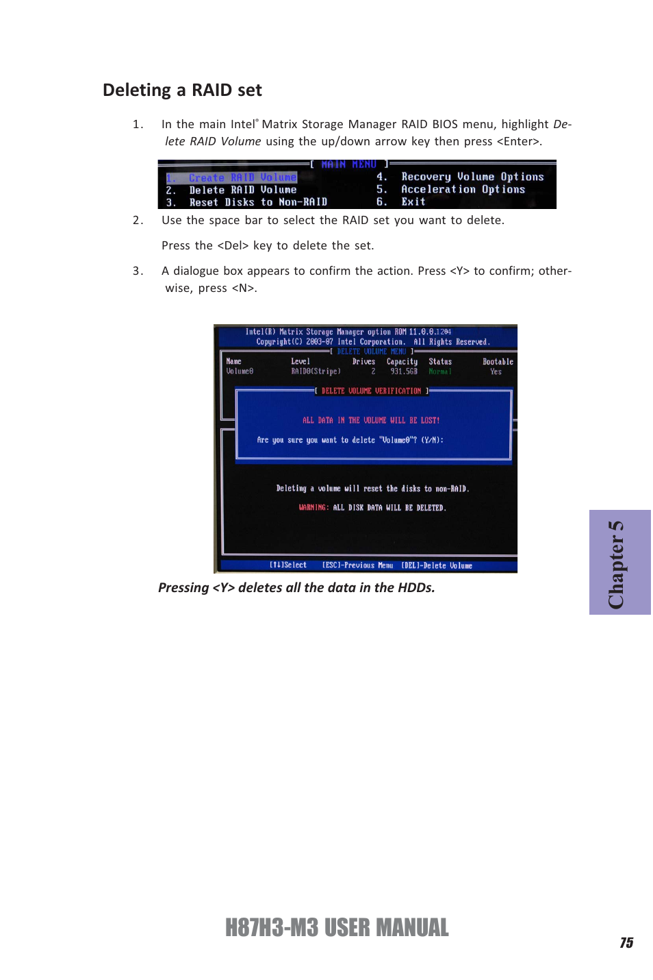 H87h3-m3 user manual, Chapter 5, Deleting a raid set | Elitegroup H87H3-M3 (V1.0) User Manual | Page 79 / 84