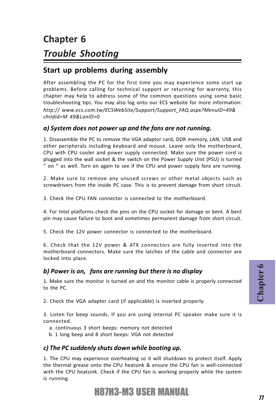 Chapter 6 trouble shooting, H87h3-m3 user manual, Chapter 6 | Start up problems during assembly | Elitegroup H87H3-M3 (V1.0) User Manual | Page 81 / 84