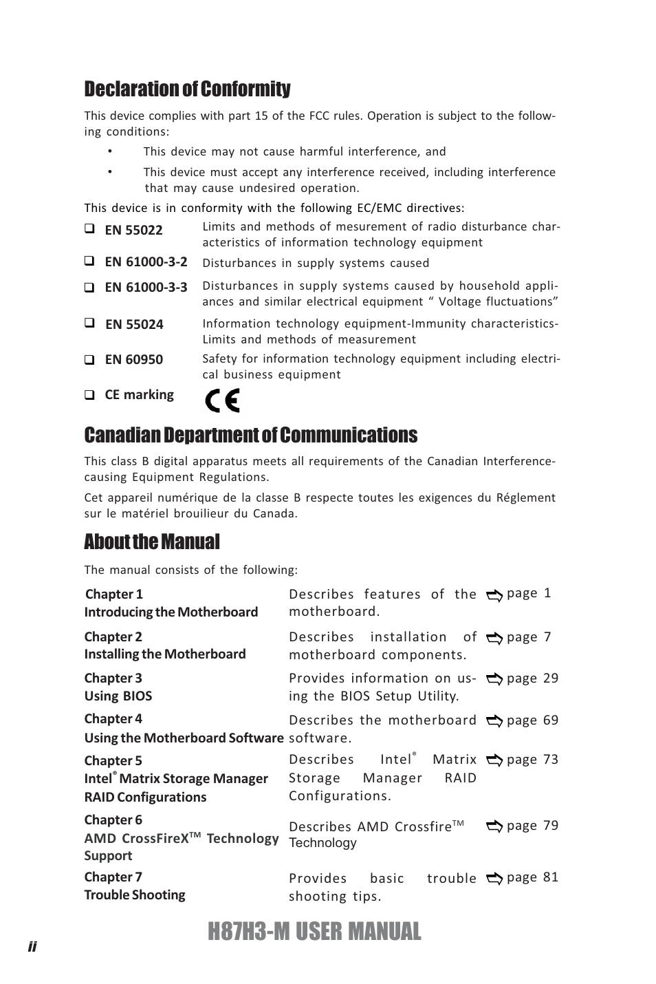 H87h3-m user manual, Declaration of conformity, Canadian department of communications | About the manual | Elitegroup H87H3-M (V1.0) User Manual | Page 2 / 88