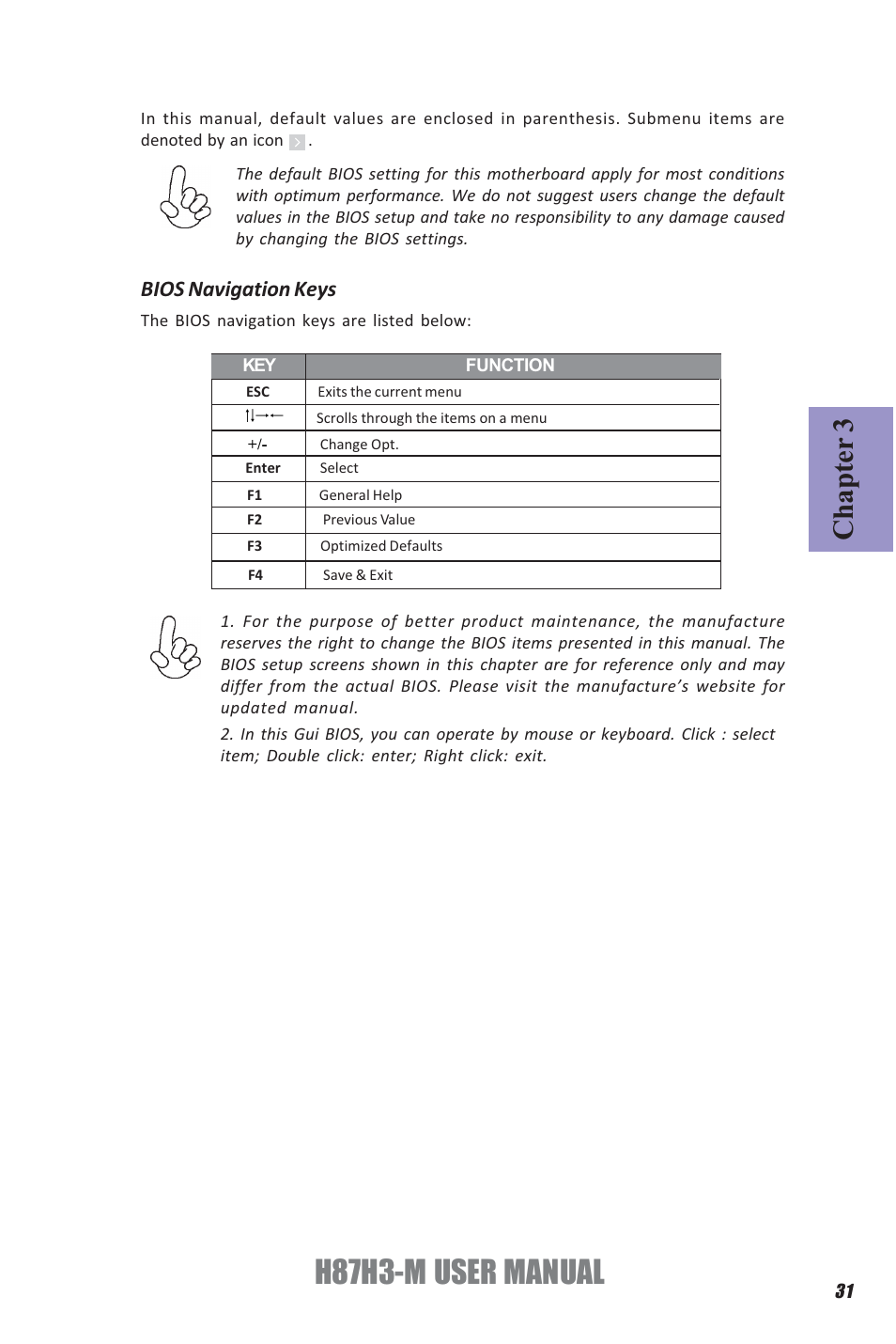H87h3-m user manual, Chapter 3, Bios navigation keys | Elitegroup H87H3-M (V1.0) User Manual | Page 35 / 88
