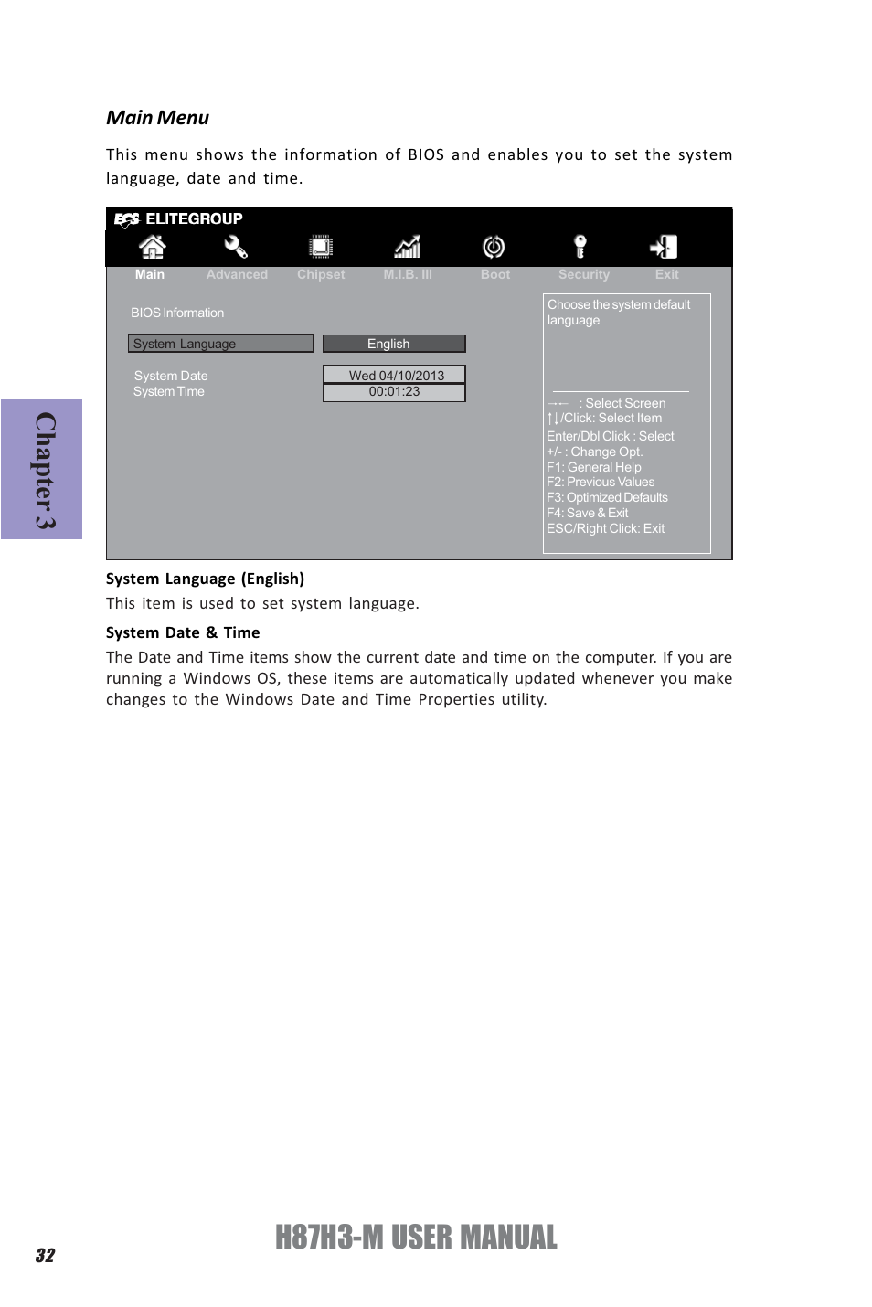 H87h3-m user manual, Chapter 3, Main menu | Elitegroup H87H3-M (V1.0) User Manual | Page 36 / 88