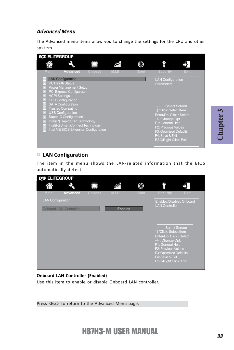H87h3-m user manual, Chapter 3, Advanced menu | Lan configuration | Elitegroup H87H3-M (V1.0) User Manual | Page 37 / 88