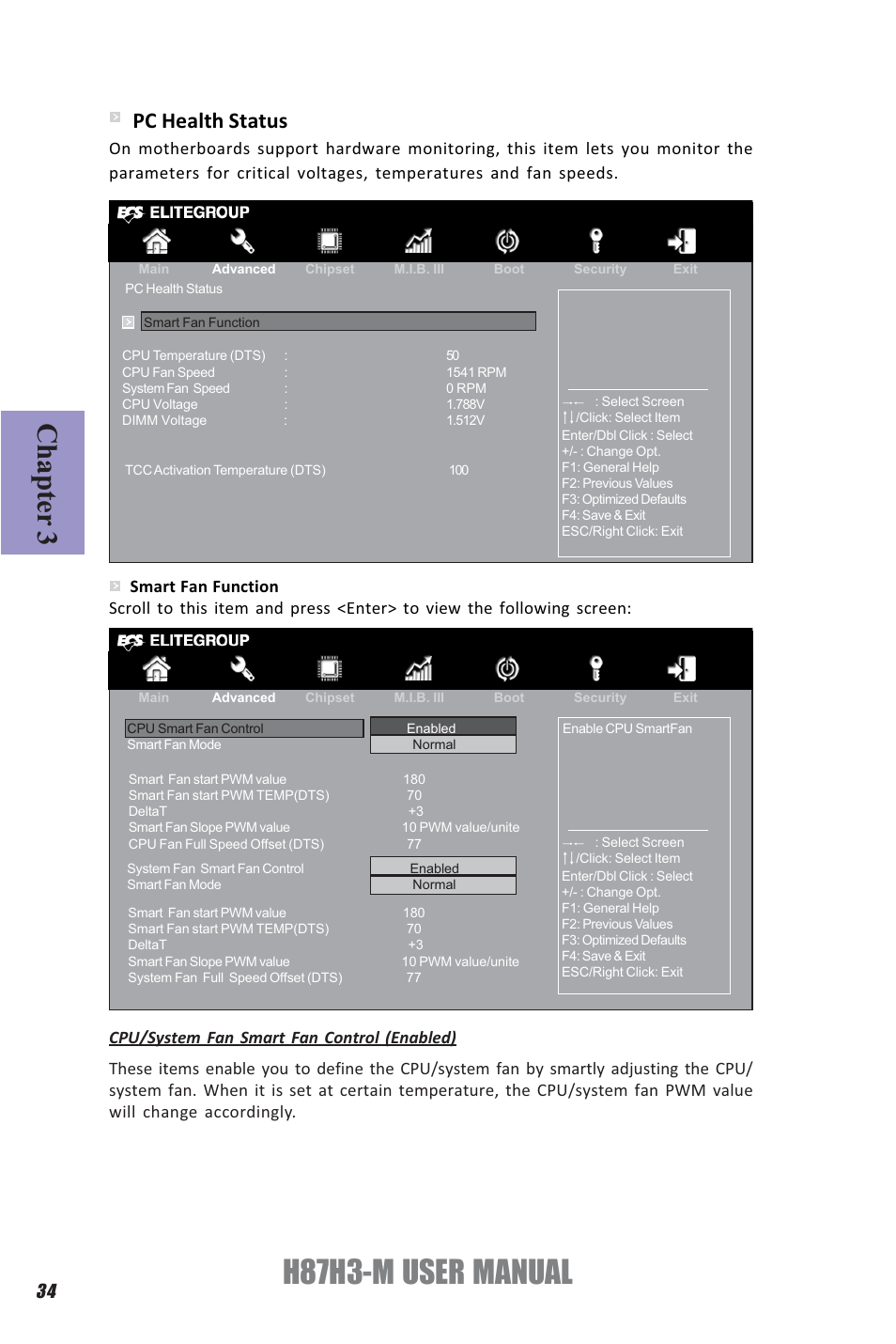 H87h3-m user manual, Chapter 3, Pc health status | Elitegroup H87H3-M (V1.0) User Manual | Page 38 / 88