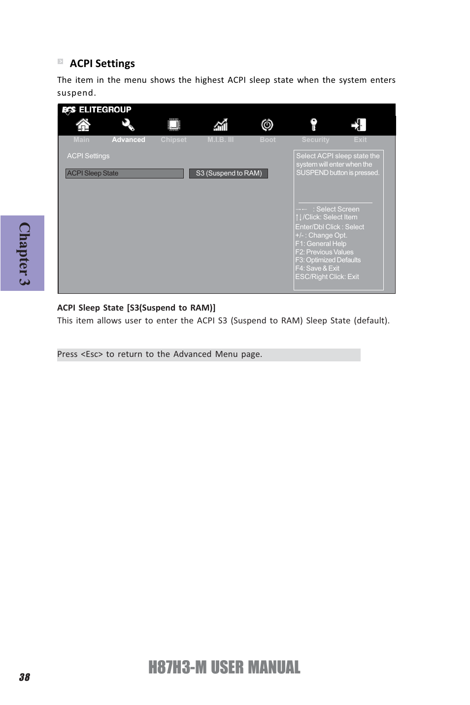 H87h3-m user manual, Chapter 3, Acpi settings | Elitegroup H87H3-M (V1.0) User Manual | Page 42 / 88
