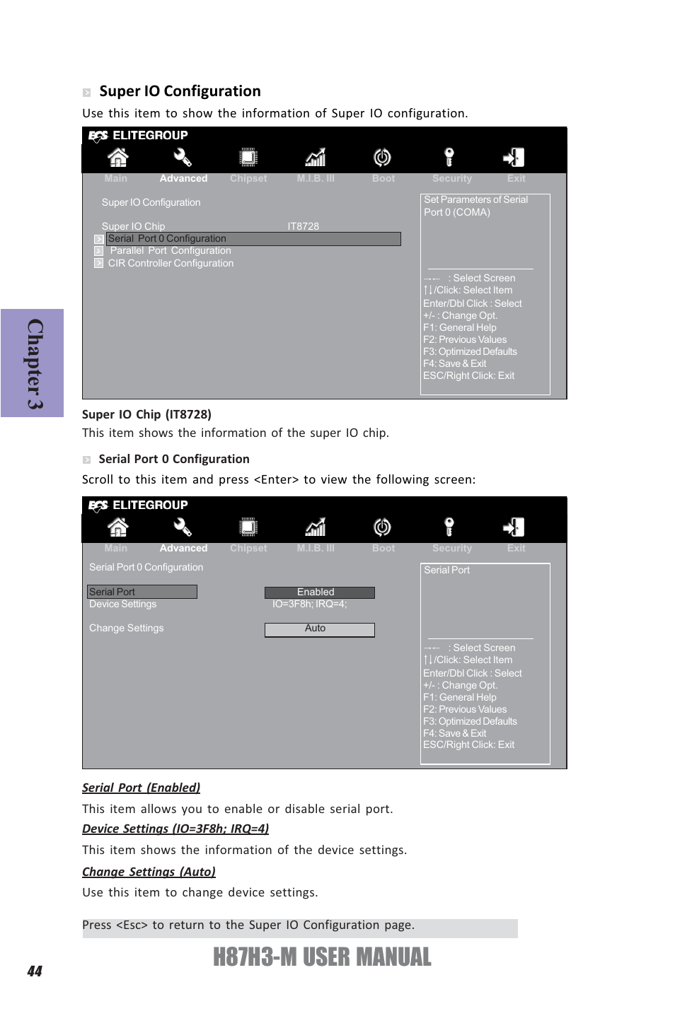 H87h3-m user manual, Chapter 3, Super io configuration | Elitegroup H87H3-M (V1.0) User Manual | Page 48 / 88
