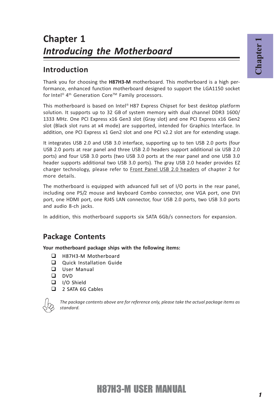 Chapter 1 introducing the motherboard, H87h3-m user manual, Chapter 1 | Introduction, Package contents | Elitegroup H87H3-M (V1.0) User Manual | Page 5 / 88