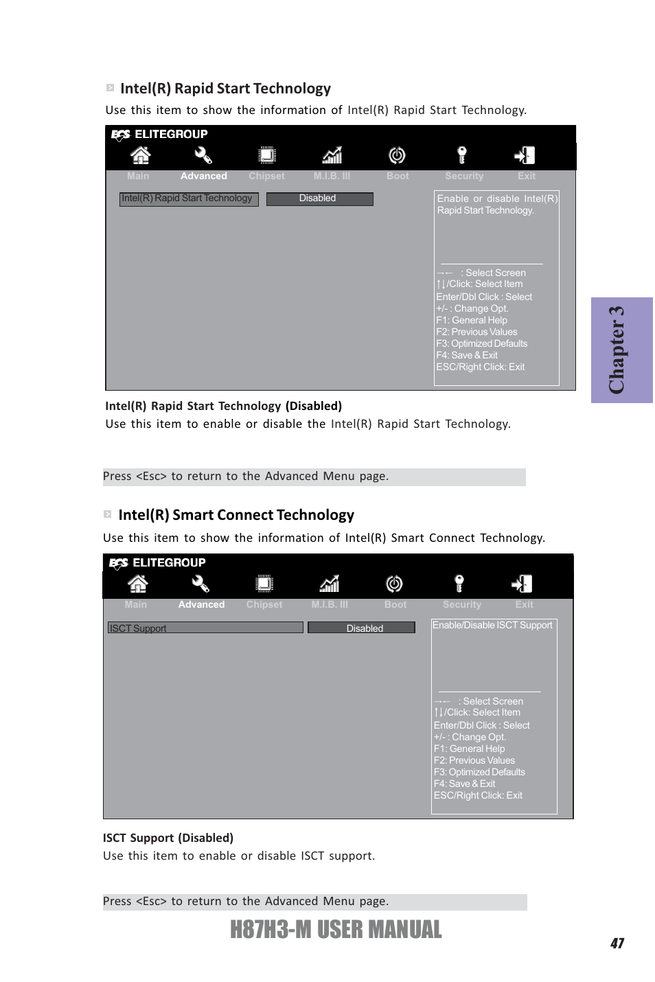 H87h3-m user manual, Chapter 3, Intel(r) rapid start technology | Intel(r) smart connect technology | Elitegroup H87H3-M (V1.0) User Manual | Page 51 / 88