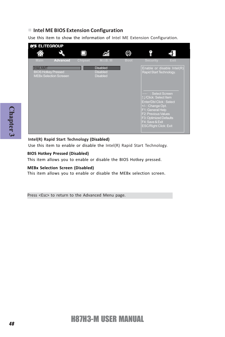 H87h3-m user manual, Chapter 3, Intel me bios extension configuration | Elitegroup H87H3-M (V1.0) User Manual | Page 52 / 88