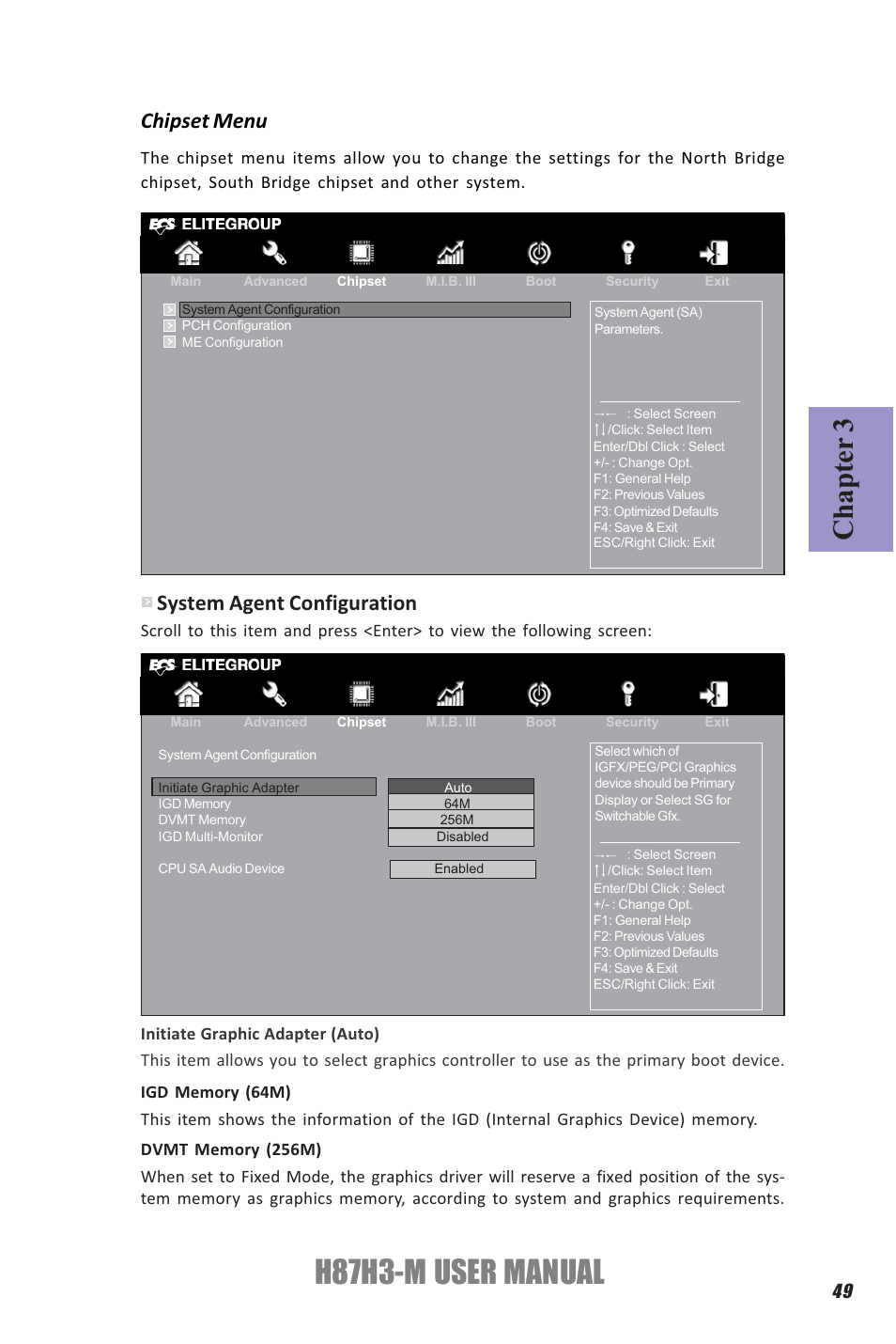 H87h3-m user manual, Chapter 3, Chipset menu | System agent configuration | Elitegroup H87H3-M (V1.0) User Manual | Page 53 / 88