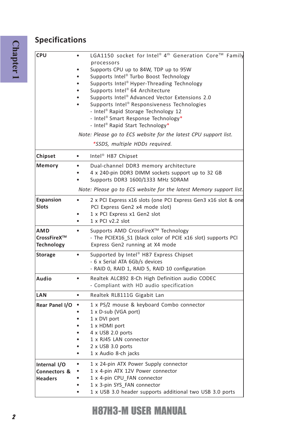 H87h3-m user manual, Chapter 1, Specifications | Elitegroup H87H3-M (V1.0) User Manual | Page 6 / 88