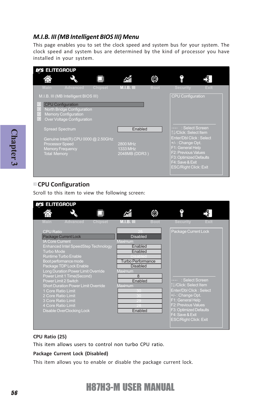 H87h3-m user manual, Chapter 3, M.i.b. iii (mb intelligent bios iii) menu | Cpu configuration, Scroll to this item to view the following screen | Elitegroup H87H3-M (V1.0) User Manual | Page 60 / 88