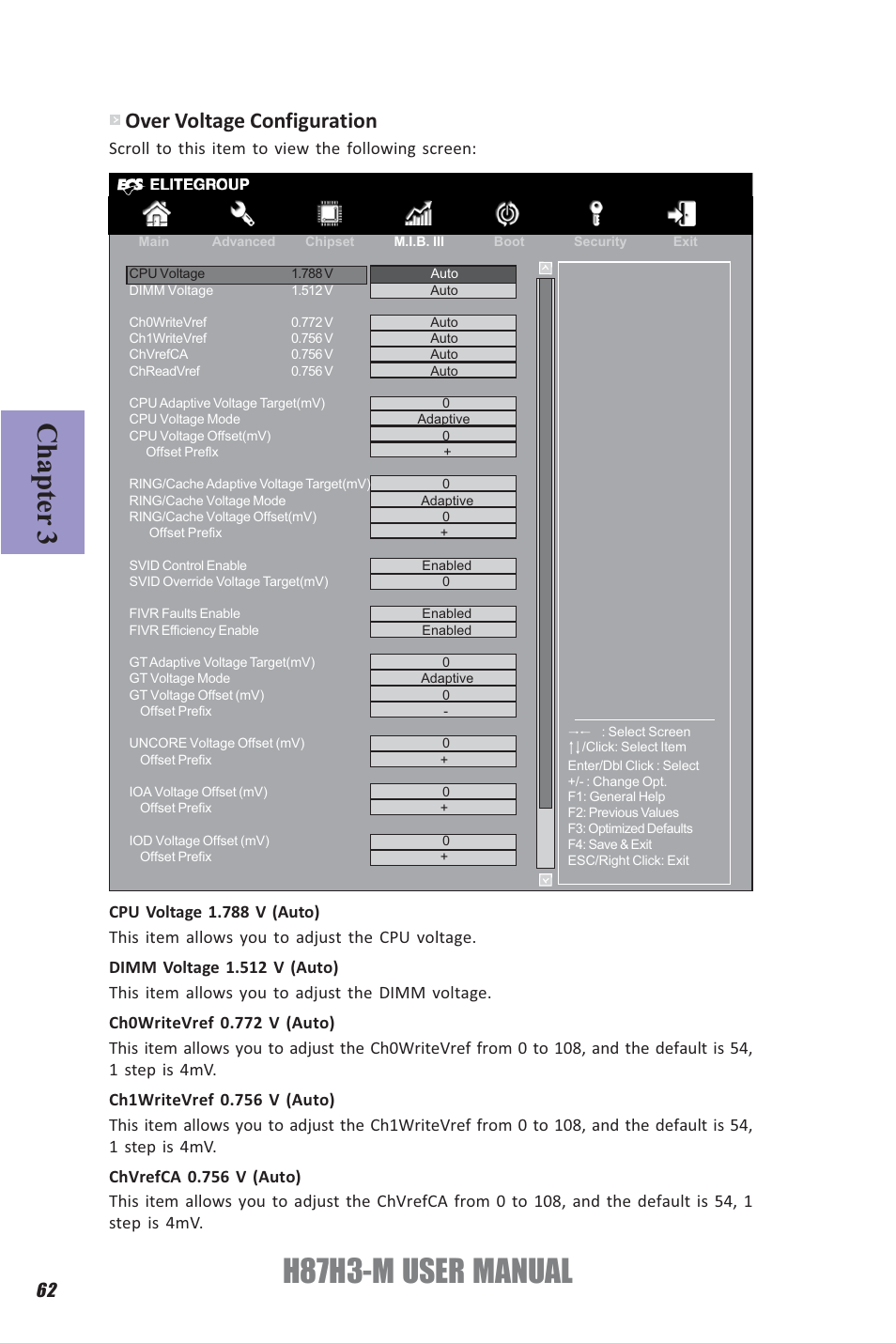 H87h3-m user manual, Chapter 3, Over voltage configuration | Scroll to this item to view the following screen | Elitegroup H87H3-M (V1.0) User Manual | Page 66 / 88