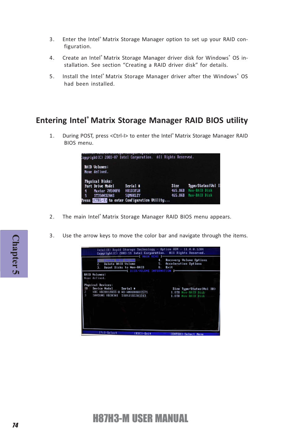 H87h3-m user manual, Chapter 5, Entering intel | Matrix storage manager raid bios utility | Elitegroup H87H3-M (V1.0) User Manual | Page 78 / 88